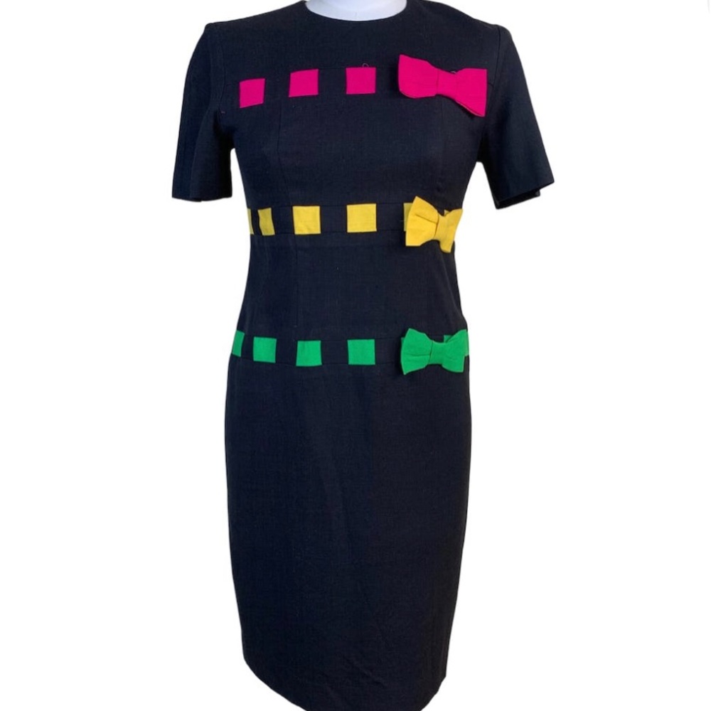 Sante Fe by Jim Tremblay Pink Yellow Green Ribbons & Bows Black Sheath Dress